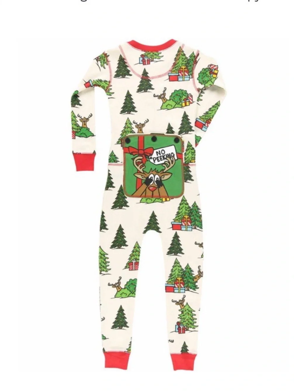 Lazy One Kids Cream Holiday Tree & Reindeer Pajama One-Piece No Peeking Flap